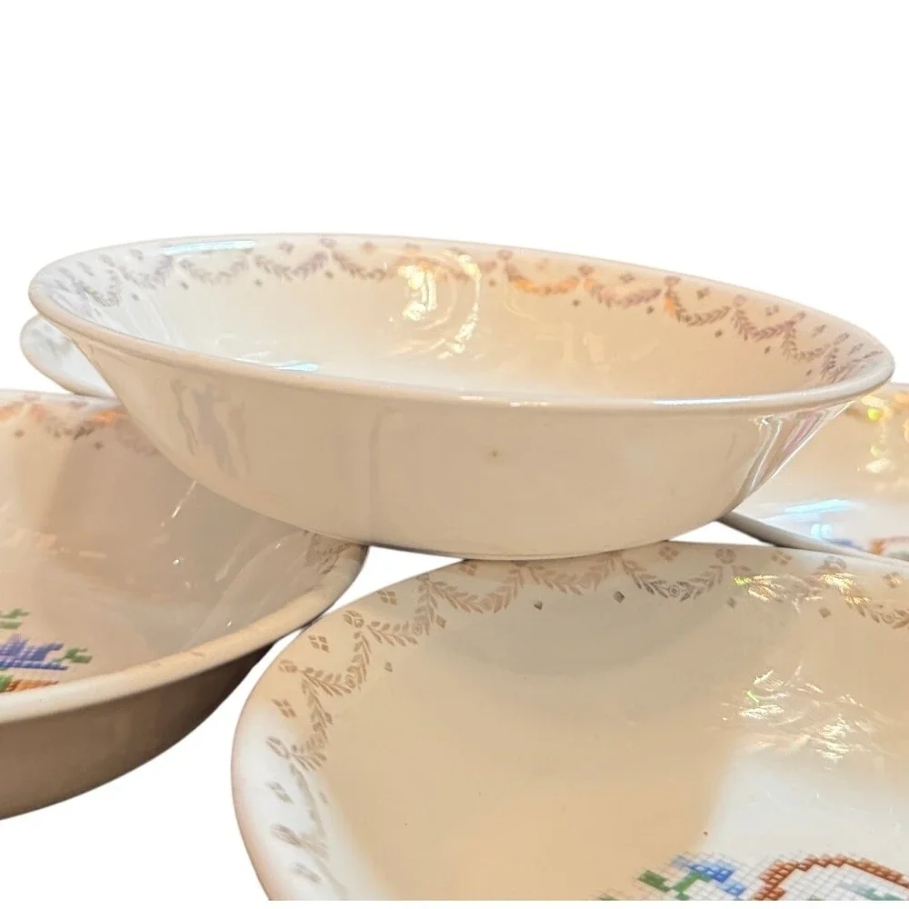 Vintage Century by Salem Cross Stitch Floral Bowls Set of 5 22K Gold Trim 6 Inch
